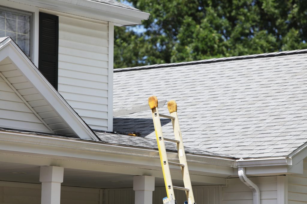 Ladder Leaning Against House Roof Gutter